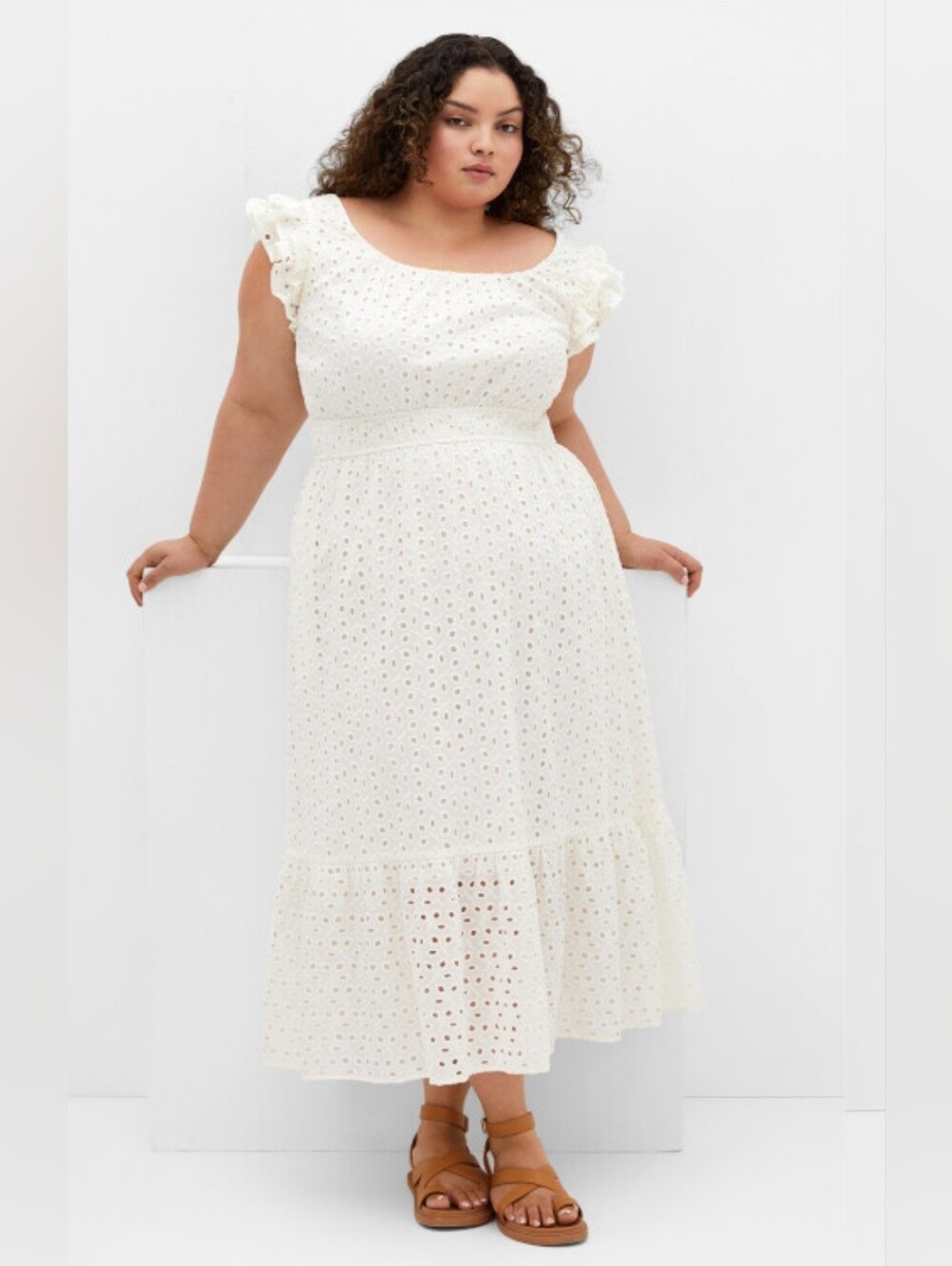 City Chic Cream Eyelet Maxi Dress with Ruffle Sleeves